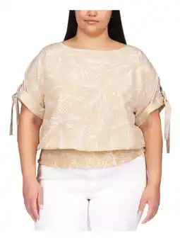 Walmart MICHAEL KORS Womens Beige Smocked Tie Grommet Cuffs Printed Cuffed Sleeve Boat Neck Top Plus 2X offer