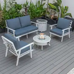 Walmart LeisureMod Walbrooke White Aluminum Patio Sofa Set Round Fire Pit Navy Blue offer