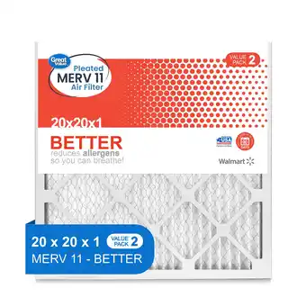 Walmart Great Value 20x20x1 MERV 11 BETTER HVAC Air and Furnance Filter Reduces Allergens 2 Filters offer