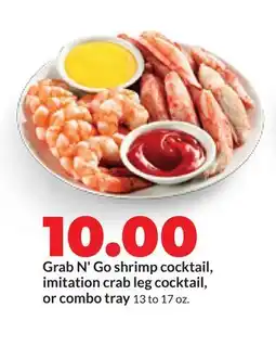 Hy-Vee Grab N'Go shrimp cocktail, imitation crab leg cocktail, or combo tray offer