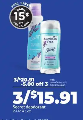 Hy-Vee Secret deodorant offer