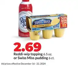 Hy-Vee Reddi-wip topping 6.5 oz. or Swiss Miss pudding 6 ct offer