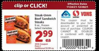 Albertsons Steak-umm Beef Sandwich Steaks Select Varieties offer