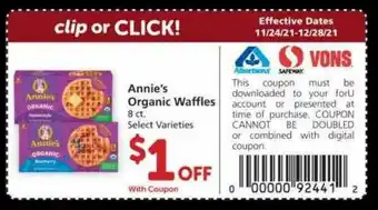 Albertsons Annie's Organic Waffles Select Varieties offer