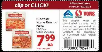 Albertsons Gino's Or Home Run Inn Pizza Select Varieties offer