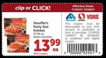 Albertsons Stouffer's Party Size Entrées Select Varieties offer