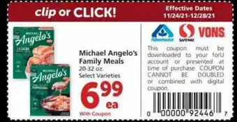 Albertsons Michael Angelo's Family Meals Select Varieties offer