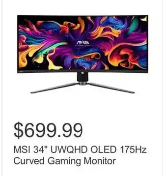 Costco MSI 34" UWQHD OLED 175Hz Curved Gaming Monitor offer