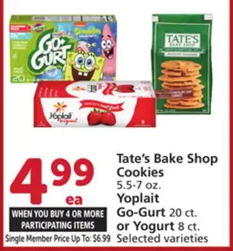 Vons Tate's Bake Shop Cookies 5.5-7 oz. Yoplait Go-Gurt 20 ct. or Yogurt 8 ct offer