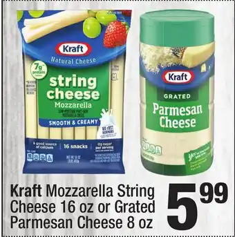 Super King Markets Kraft Mozzarella String Cheese 16 oz or Grated Parmesan Cheese 8 oz offer