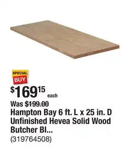 The Home Depot Hampton Bay 6 ft. L x 25 in. D Unfinished Hevea Solid Wood Butcher Block Countertop With Square Edge offer