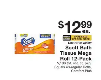 Fairway Store Market Scott Bath Tissue Mega Roll 12 Pack offer