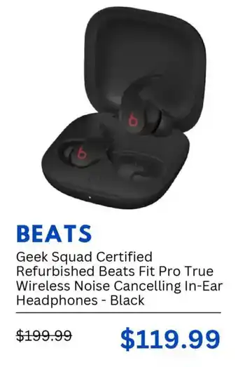 Best Buy BEATS Geek Squad Certified Refurbished Beats Fit Pro True Wireless Noise Cancelling In-Ear Headphones - Black offer