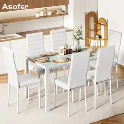 Walmart Asofer Glass Kitchen Table and Chairs Set with 6, 7 Piece Dining Table Sets, PU Leather Chair, White offer