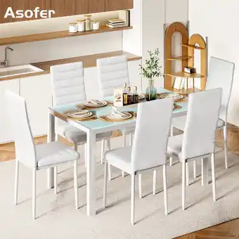 Walmart Asofer Glass Kitchen Table and Chairs Set with 6, 7 Piece Dining Table Sets, PU Leather Chair, White offer