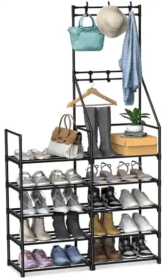 Walmart TECHVIDA 5-Tier Shoe Rack Shoe Storage for Entryway,Narrow Shoe Rack,Coat and Shoe Rack with 8 Hooks offer