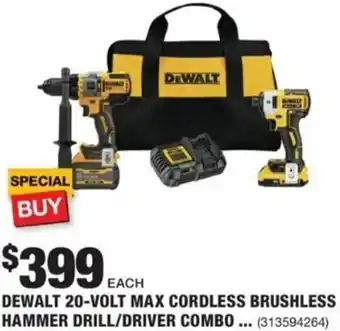 The Home Depot Dewalt 20-Volt Max Cordless Brushless Hammer Drill/Driver Combo offer