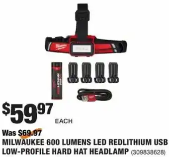 Milwaukee 600 Lumens LED Redlithium USB Low-Profile Hard Hat Headlamp