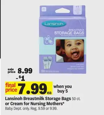 Meijer Lansinoh Breastmilk Storage Bags 50 ct. or Cream for Nursing Mothers offer