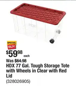 The Home Depot HDX 77 Gal. Tough Storage Tote with Wheels in Clear with Red Lid offer