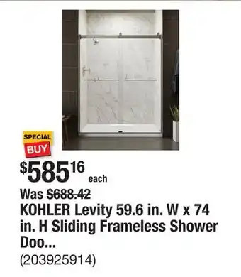 The Home Depot KOHLER Levity 59.6 in. W x 74 in. H Sliding Frameless Shower Door in Nickel with Clear offer