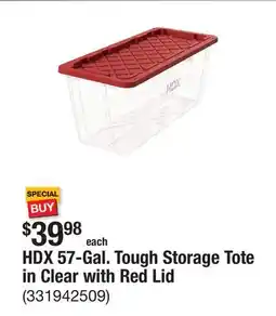 The Home Depot HDX 57-Gal. Tough Storage Tote in Clear with Red Lid offer