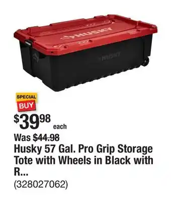 The Home Depot Husky 57 Gal. Pro Grip Storage Tote with Wheels in Black with Red Lid offer