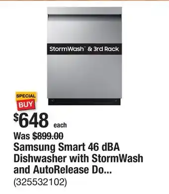 The Home Depot Samsung Smart 46 dBA Dishwasher with StormWash and AutoRelease Door in Stainless Steel offer