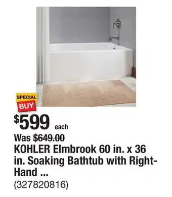 The Home Depot KOHLER Elmbrook 60 in. x 36 in. Soaking Bathtub with Right-Hand Drain in White offer