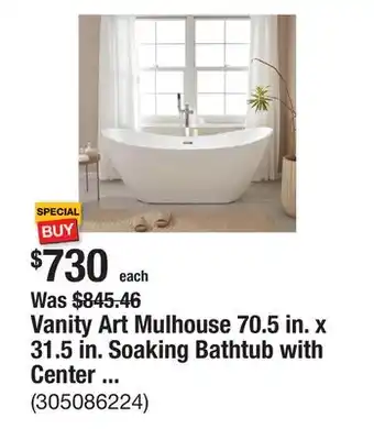 The Home Depot Vanity Art Mulhouse 70.5 in. x 31.5 in. Soaking Bathtub with Center Drain in White/Classic Chrome offer