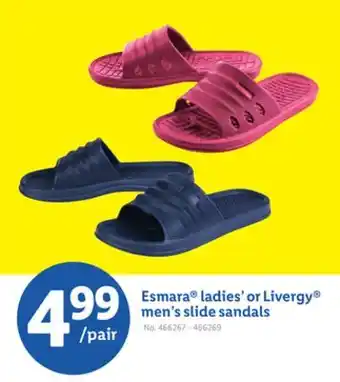 Lidl Esmara ladies' or Livergy men's slide sandals offer