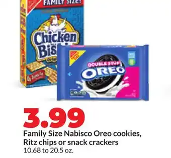 Hy-Vee Family Size Nabisco Oreo cookies, Ritz chips or snack crackers offer