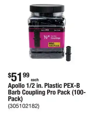 The Home Depot Apollo 1/2 in. Plastic PEX-B Barb Coupling Pro Pack (100-Pack) offer