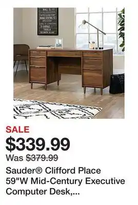 Office Depot Sauder Clifford Place 59W Mid-Century Executive Computer Desk, Grand Walnut offer