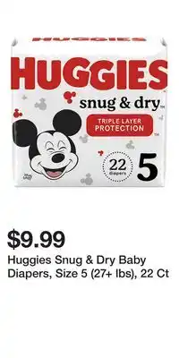 Big Lots Huggies Snug & Dry Baby Diapers, Size 5 (27+ lbs), 22 Ct offer