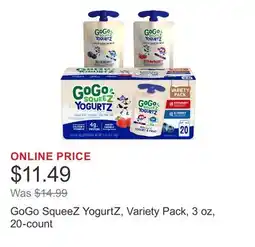 Costco GoGo SqueeZ YogurtZ, Variety Pack, 3 oz, 20-count offer