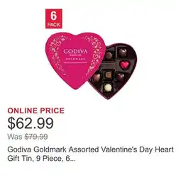 Costco Godiva Goldmark Assorted Valentine's Day Heart Gift Tin, 9 Piece, 6 Pack offer