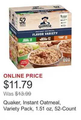 Costco Quaker, Instant Oatmeal, Variety Pack, 1.51 oz, 52-Count offer