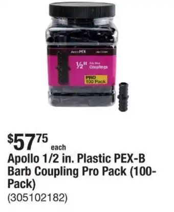 The Home Depot Apollo 1/2 in. Plastic PEX-B Barb Coupling Pro Pack (100-Pack) offer