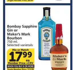 Vons Bombay Sapphire Gin or Maker's Mark Bourbon offer