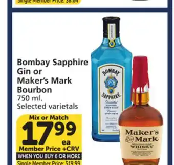 Vons Bombay Sapphire Gin or Maker's Mark Bourbon offer