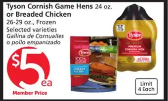 Vons Tyson Cornish Game Hens 24 oz. or Breaded Chicken 26-29 oz offer