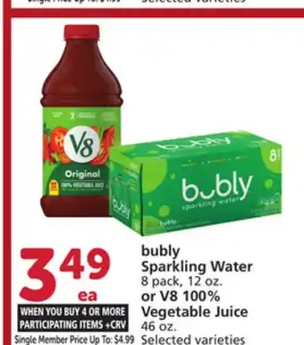 Vons bubly Sparkling Water 8 pack, 12 oz. or V8 100% Vegetable Juice 46 oz offer