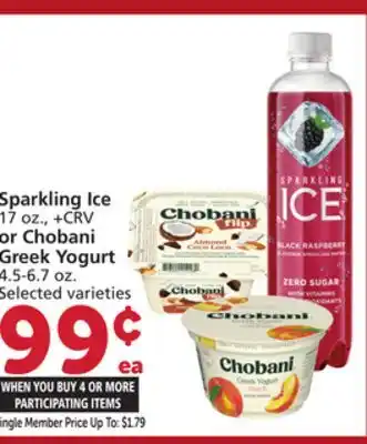 Vons Sparkling Ice 17 oz., + CRV or Chobani Greek Yogurt 4.5-6.7 oz offer