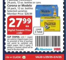 Vons 24 pack, 12 oz. bottles or cans Corona or Modelo 24 pack, 12 oz. bottles offer