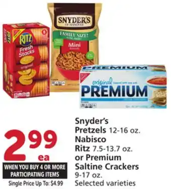 Vons Snyder's Pretzels 12-16 oz. Nabisco Ritz 7.5-13.7 oz. or Premium Saltine Crackers 9-17 oz offer