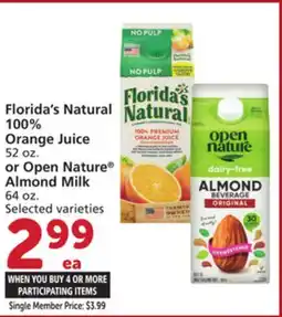 Vons Florida's Natural 100% Orange Juice 52 oz. or Open Nature Almond Milk 64 oz offer