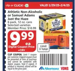 Vons Athletic Non-Alcoholic or Samuel Adams Just the Haze offer