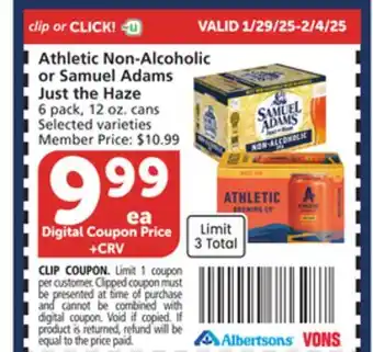 Vons Athletic Non-Alcoholic or Samuel Adams Just the Haze offer