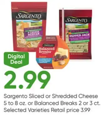 Stater Bros Sargento Sliced or Shredded Cheese 5 to 8 oz. or Balanced Breaks 2 or 3 ct offer